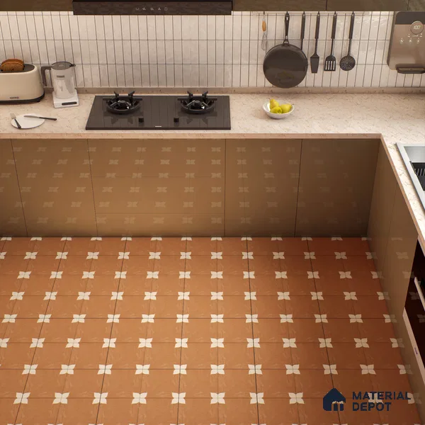 Moroccan Wall & Floor Athangudi Tile TL 05859 B Zellige Terracotta Floral Brown 1 ft x 1 ft Vitrified Matte Finish - 9 mm | Suitable for Bathroom, Kitchen, Balcony | Please Expect a Slight Variation of Pattern (Sample)