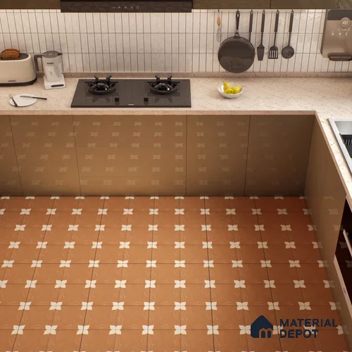 Moroccan Wall & Floor Athangudi Tile TL 05859 B Zellige Terracotta Floral Brown 1 ft x 1 ft Vitrified Matte Finish - 9 mm | Suitable for Bathroom, Kitchen, Balcony | Please Expect a Slight Variation of Pattern