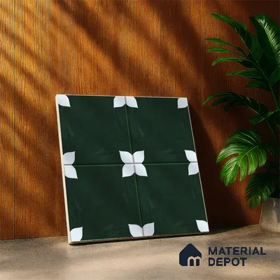 Moroccan Floor & Wall Athangudi Tile TL 05859 Zellige Emerald Leaf Green 1 ft x 1 ft Vitrified Matte Finish - 9 mm | Suitable for Bathroom, Kitchen, Balcony | Please Expect a Slight Variation of Pattern (Sample)