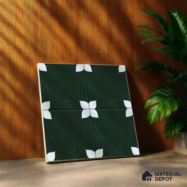 Moroccan Floor & Wall Athangudi Tile TL 05859 Zellige Emerald Leaf Green 1 ft x 1 ft Vitrified Matte Finish - 9 mm | Suitable for Bathroom, Kitchen, Balcony | Please Expect a Slight Variation of Pattern (Sample)