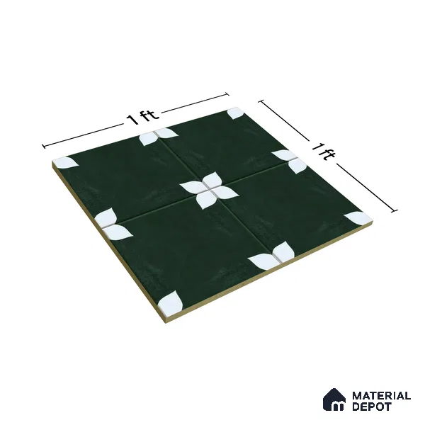 Moroccan Floor & Wall Athangudi Tile TL 05859 Zellige Emerald Leaf Green 1 ft x 1 ft Vitrified Matte Finish - 9 mm | Suitable for Bathroom, Kitchen, Balcony | Please Expect a Slight Variation of Pattern (Sample)