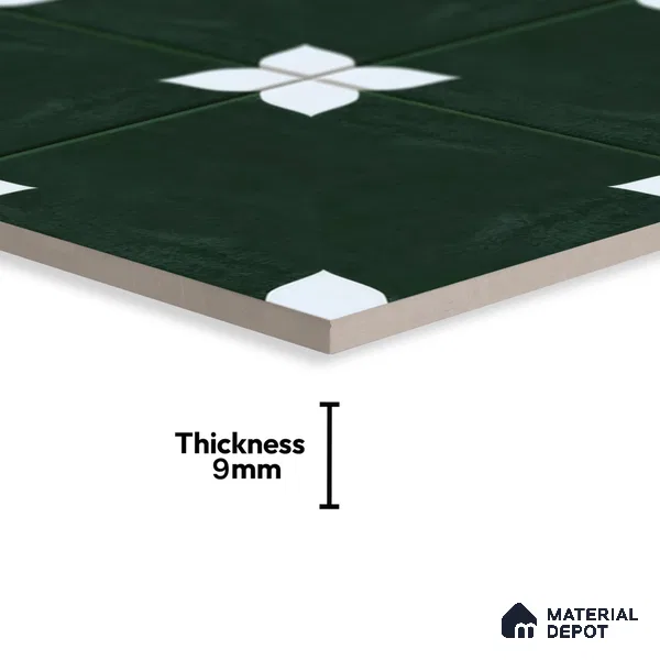 Moroccan Floor & Wall Athangudi Tile TL 05859 Zellige Emerald Leaf Green 1 ft x 1 ft Vitrified Matte Finish - 9 mm | Suitable for Bathroom, Kitchen, Balcony | Please Expect a Slight Variation of Pattern (Sample)