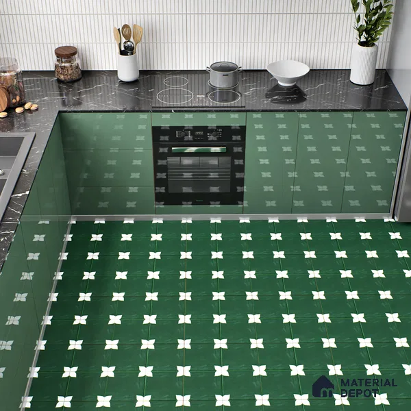 Moroccan Floor & Wall Athangudi Tile TL 05859 Zellige Emerald Leaf Green 1 ft x 1 ft Vitrified Matte Finish - 9 mm | Suitable for Bathroom, Kitchen, Balcony | Please Expect a Slight Variation of Pattern (Sample)