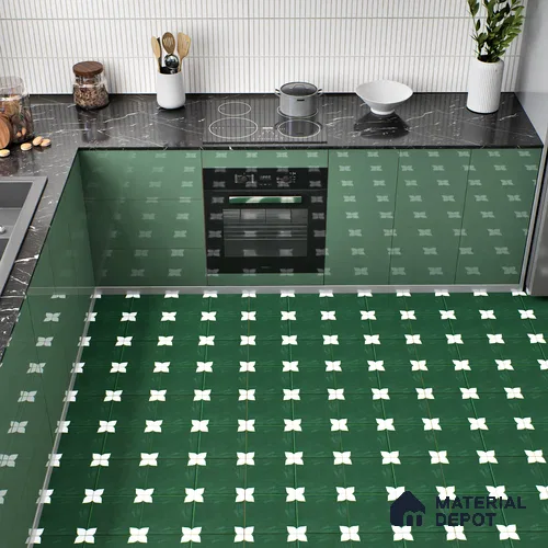 Moroccan Floor & Wall Athangudi Tile TL 05859 Zellige Emerald Leaf Green 1 ft x 1 ft Vitrified Matte Finish - 9 mm | Suitable for Bathroom, Kitchen, Balcony | Please Expect a Slight Variation of Pattern