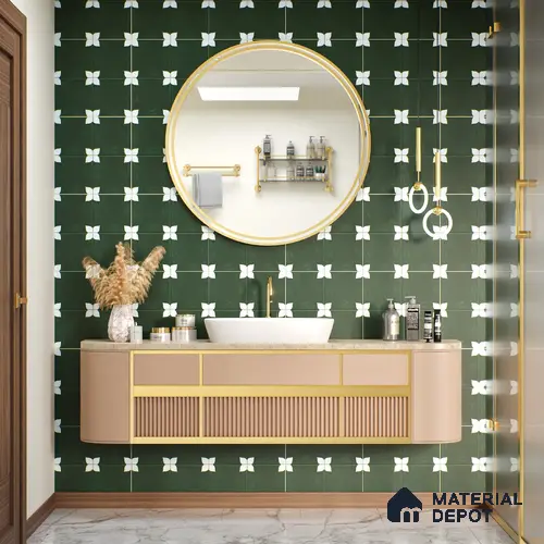 Moroccan Floor & Wall Athangudi Tile TL 05859 Zellige Emerald Leaf Green 1 ft x 1 ft Vitrified Matte Finish - 9 mm | Suitable for Bathroom, Kitchen, Balcony | Please Expect a Slight Variation of Pattern