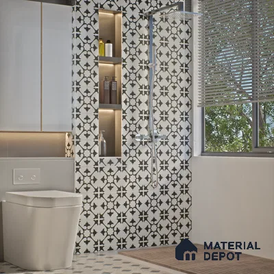 Moroccan Wall & Floor Tile TL 06052 Floc Black & White 200 x 200 mm Vitrified Matte Finish - 9 mm | Ideal For Living Room, Bathroom, Kitchen | 2 mm Spacer is Mandatory | Please Expect a Slight Variation of Pattern (Sample)