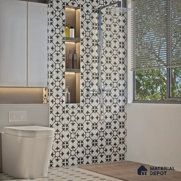 Moroccan Wall & Floor Tile TL 06052 Floc Black & White 200 x 200 mm Vitrified Matte Finish - 9 mm | Ideal For Living Room, Bathroom, Kitchen | 2 mm Spacer is Mandatory | Please Expect a Slight Variation of Pattern (Sample)
