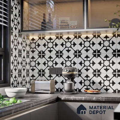 Moroccan Wall & Floor Tile TL 06052 Floc Black & White 200 x 200 mm Vitrified Matte Finish - 9 mm | Ideal For Living Room, Bathroom, Kitchen | 2 mm Spacer is Mandatory | Please Expect a Slight Variation of Pattern (Sample)