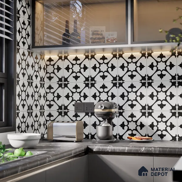 Moroccan Wall & Floor Tile TL 06052 Floc Black & White 200 x 200 mm Vitrified Matte Finish - 9 mm | Ideal For Living Room, Bathroom, Kitchen | 2 mm Spacer is Mandatory | Please Expect a Slight Variation of Pattern (Sample)