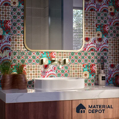 Moroccan Wall & Floor Handmade Tile TL 05882 Boho Grace 96 mm x 96 mm Vitrified - 9 mm | Random Mix Patterns | Suitable For Living Room, Bedroom, Kitchen
