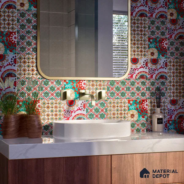 Moroccan Wall & Floor Handmade Tile TL 05882 Boho Grace 96 mm x 96 mm Vitrified - 9 mm | Random Mix Patterns | Suitable For Living Room, Bedroom, Kitchen
