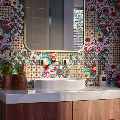 Moroccan Wall & Floor Handmade Tile TL 05882 Boho Grace 96 mm x 96 mm Vitrified - 9 mm | Random Mix Patterns | Suitable For Living Room, Bedroom, Kitchen