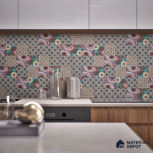 Moroccan Wall & Floor Handmade Tile TL 05882 Boho Grace 96 mm x 96 mm Vitrified - 9 mm | Random Mix Patterns | Suitable For Living Room, Bedroom, Kitchen
