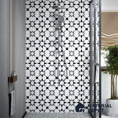Moroccan Wall & Floor Tile TL 00293 White & Black Matte Finish 1 ft x 1 ft Glazed Vitrified Tile - 12 mm | Suitable For Bathroom, Kitchen, Living Area (Sample)