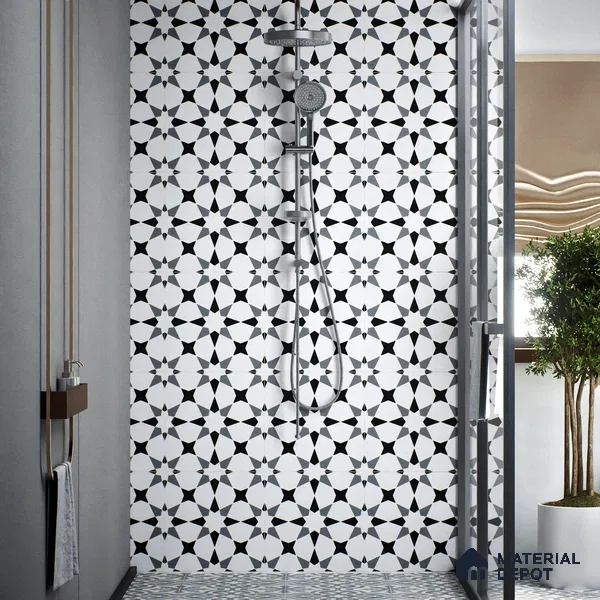 Moroccan Wall & Floor Tile TL 00293 White & Black Matte Finish 1 ft x 1 ft Glazed Vitrified Tile - 12 mm | Suitable For Bathroom, Kitchen, Living Area (Sample)
