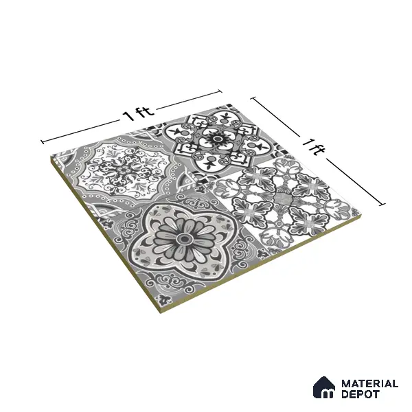 Moroccan Wall & Floor Tile TL 00296 Grey Matte Finish 1 ft x 1 ft Glazed Vitrified Tile - 12 mm | Suitable For Bathroom, Kitchen, Living Area | Please Expect a Slight Variation of Pattern
