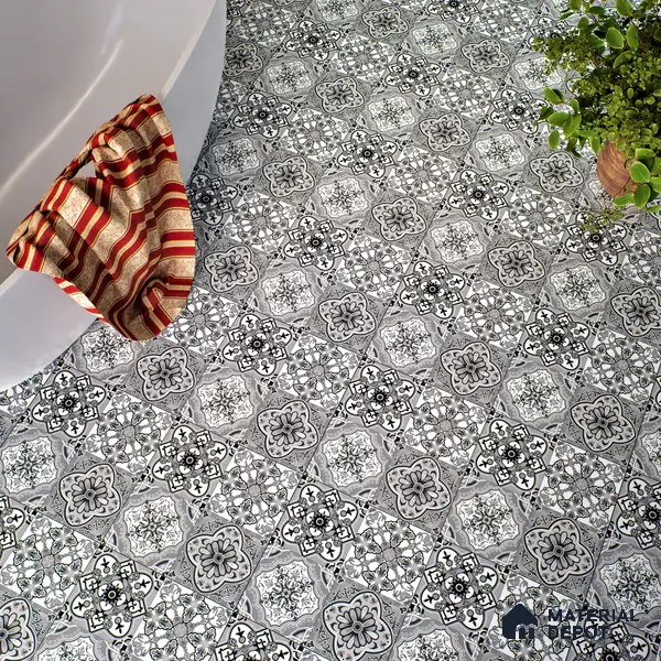 Moroccan Wall & Floor Tile TL 00296 Grey Matte Finish 1 ft x 1 ft Glazed Vitrified Tile - 12 mm | Suitable For Bathroom, Kitchen, Living Area | Please Expect a Slight Variation of Pattern