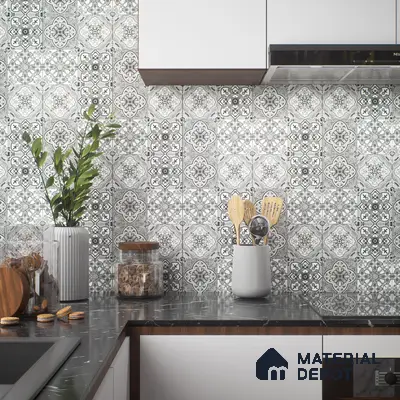 Moroccan Wall & Floor Tile TL 00296 Grey Matte Finish 1 ft x 1 ft Glazed Vitrified Tile - 12 mm | Suitable For Bathroom, Kitchen, Living Area | Please Expect a Slight Variation of Pattern