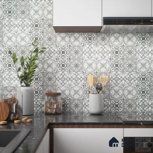 Moroccan Wall & Floor Tile TL 00296 Grey Matte Finish 1 ft x 1 ft Glazed Vitrified Tile - 12 mm | Suitable For Bathroom, Kitchen, Living Area | Please Expect a Slight Variation of Pattern