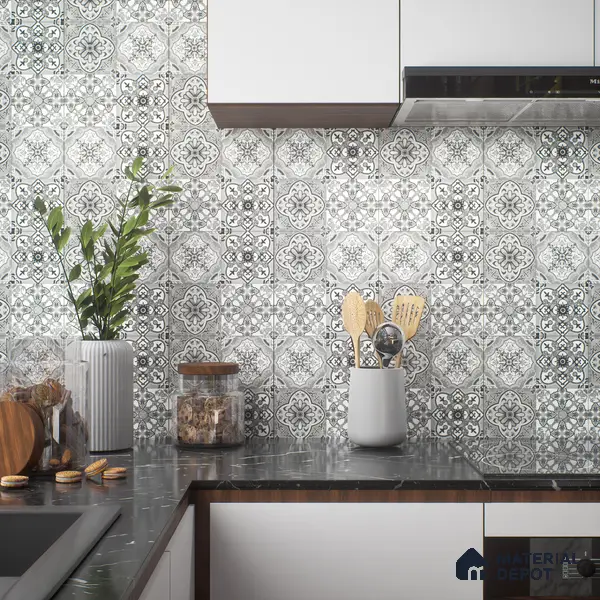 Moroccan Wall & Floor Tile TL 00296 Grey Matte Finish 1 ft x 1 ft Glazed Vitrified Tile - 12 mm | Suitable For Bathroom, Kitchen, Living Area | Please Expect a Slight Variation of Pattern