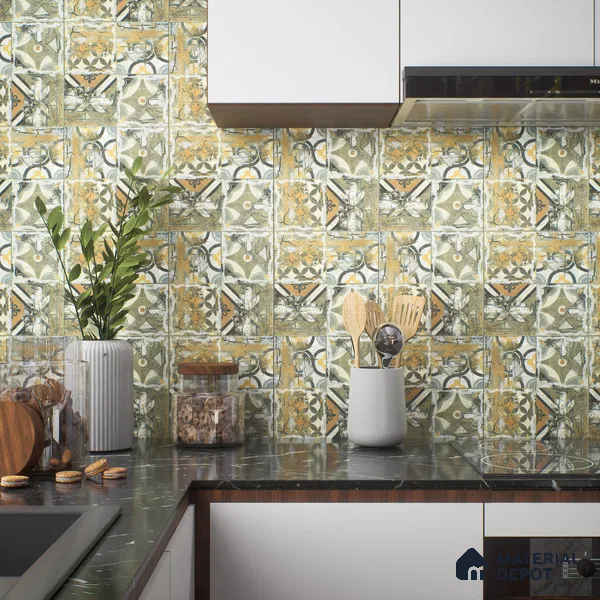 Moroccan Wall & Floor Tile TL 00298 Orange & Green Matte Finish 1 ft x 1 ft Glazed Vitrified Tile - 12 mm | Suitable For Bathroom, Kitchen, Living Area | Please Expect a Slight Variation of Pattern (Sample)