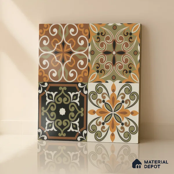 Moroccan Wall & Floor Tile TL 00299 Orange & Brown Matte Finish 1 ft x 1 ft Glazed Vitrified Tile - 12 mm | Suitable For Bathroom, Kitchen, Living Area | Please Expect a Slight Variation of Pattern