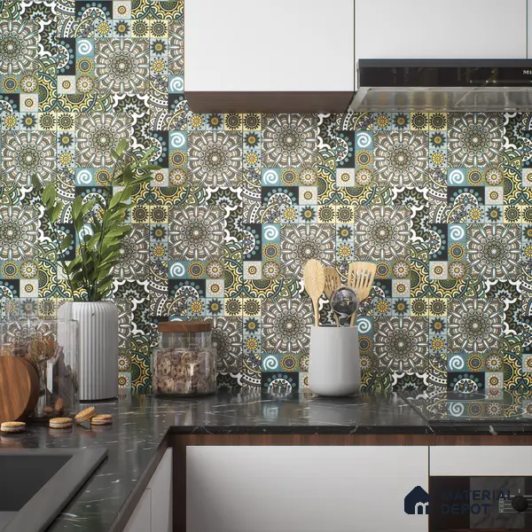 Moroccan Wall & Floor Tile TL 00300 Blue & Yellow Matte Finish 1 ft x 1 ft Glazed Vitrified Tile - 12 mm | Suitable For Bathroom, Kitchen, Living Area | Please Expect a Slight Variation of Pattern
