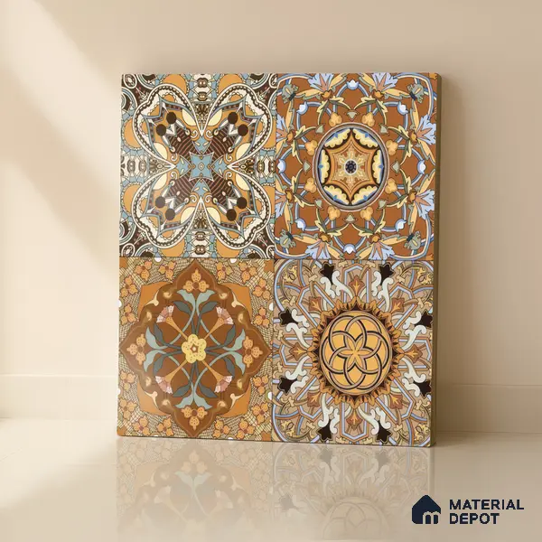 Moroccan Wall & Floor Tile TL 00301 Yellow & Orange Matte Finish 1 ft x 1 ft Glazed Vitrified Tile - 12 mm | Suitable For Bathroom, Kitchen, Living Area | Please Expect a Slight Variation of Pattern