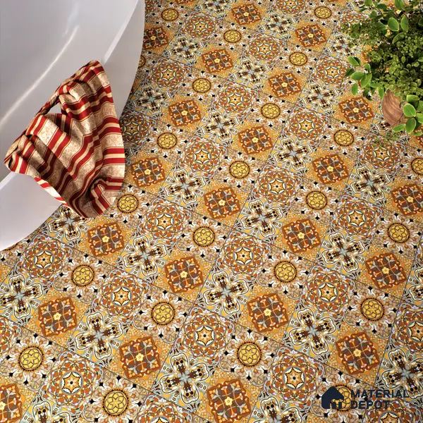 Moroccan Wall & Floor Tile TL 00301 Yellow & Orange Matte Finish 1 ft x 1 ft Glazed Vitrified Tile - 12 mm | Suitable For Bathroom, Kitchen, Living Area | Please Expect a Slight Variation of Pattern