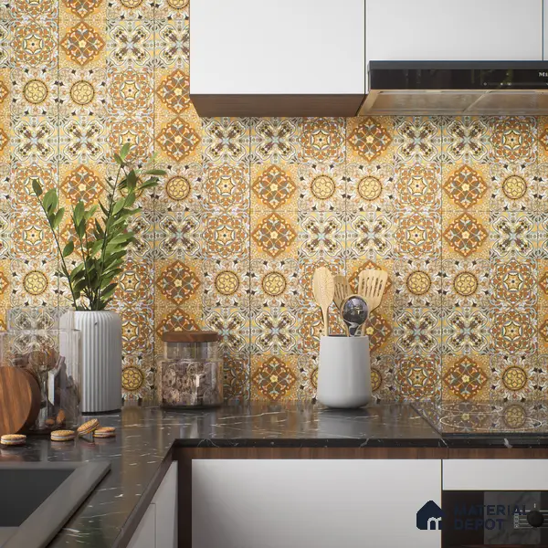 Moroccan Wall & Floor Tile TL 00301 Yellow & Orange Matte Finish 1 ft x 1 ft Glazed Vitrified Tile - 12 mm | Suitable For Bathroom, Kitchen, Living Area | Please Expect a Slight Variation of Pattern