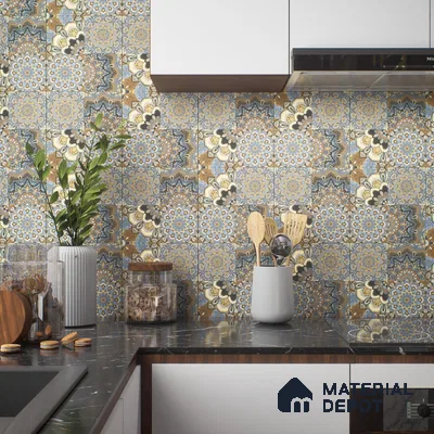 Moroccan Wall & Floor Tile TL 00303 Brown & Blue Matte Finish 1 ft x 1 ft Glazed Vitrified Tile - 12 mm | Suitable For Bathroom, Kitchen, Living Area | Please Expect a Slight Variation of Pattern