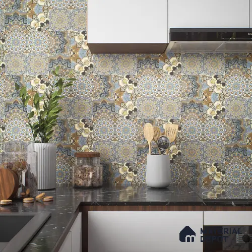 Moroccan Wall & Floor Tile TL 00303 Brown & Blue Matte Finish 1 ft x 1 ft Glazed Vitrified Tile - 12 mm | Suitable For Bathroom, Kitchen, Living Area | Please Expect a Slight Variation of Pattern