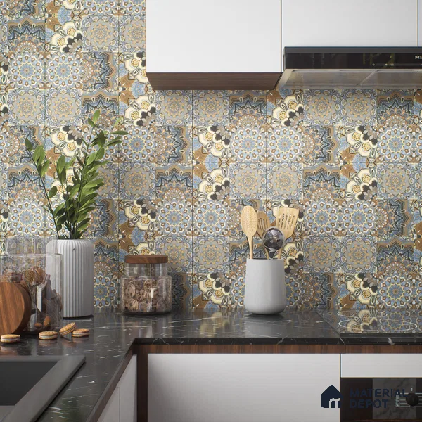 Moroccan Wall & Floor Tile TL 00303 Brown & Blue Matte Finish 1 ft x 1 ft Glazed Vitrified Tile - 12 mm | Suitable For Bathroom, Kitchen, Living Area | Please Expect a Slight Variation of Pattern