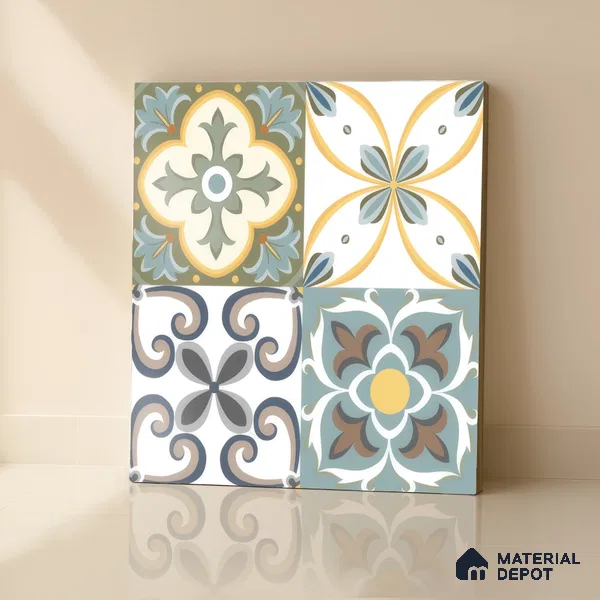 Moroccan Wall & Floor Tile TL 00304 Yellow & Blue Matte Finish 1 ft x 1 ft Glazed Vitrified Tile - 12 mm | Suitable For Bathroom, Kitchen, Living Area | Please Expect a Slight Variation of Pattern