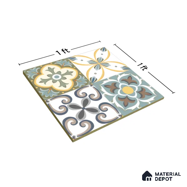 Moroccan Wall & Floor Tile TL 00304 Yellow & Blue Matte Finish 1 ft x 1 ft Glazed Vitrified Tile - 12 mm | Suitable For Bathroom, Kitchen, Living Area | Please Expect a Slight Variation of Pattern