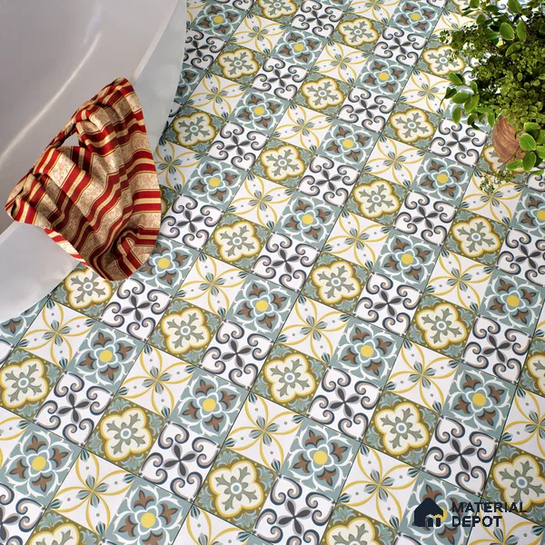 Moroccan Wall & Floor Tile TL 00304 Yellow & Blue Matte Finish 1 ft x 1 ft Glazed Vitrified Tile - 12 mm | Suitable For Bathroom, Kitchen, Living Area | Please Expect a Slight Variation of Pattern