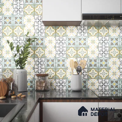 Moroccan Wall & Floor Tile TL 00304 Yellow & Blue Matte Finish 1 ft x 1 ft Glazed Vitrified Tile - 12 mm | Suitable For Bathroom, Kitchen, Living Area | Please Expect a Slight Variation of Pattern