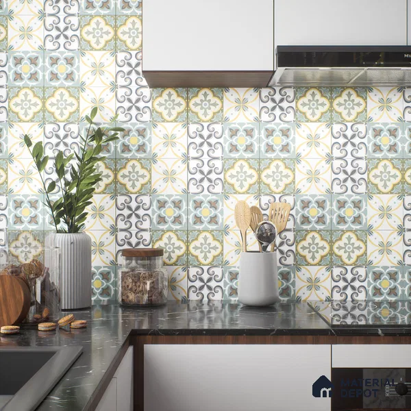 Moroccan Wall & Floor Tile TL 00304 Yellow & Blue Matte Finish 1 ft x 1 ft Glazed Vitrified Tile - 12 mm | Suitable For Bathroom, Kitchen, Living Area | Please Expect a Slight Variation of Pattern