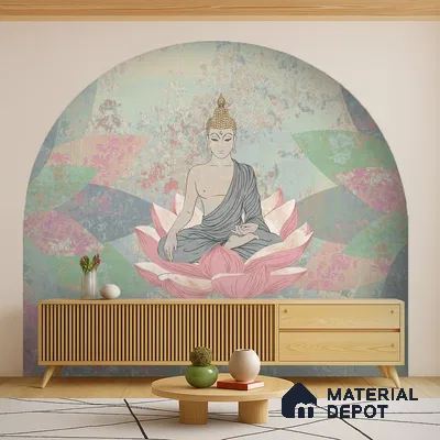 Lotus of Quiet Awakening Buddha At Meditation On Lotus | WP 04098 B Canvas Texture Finish Indian Style luxurious Customized size Wallpaper | 250 GSM WP01CNF Paper | (MOQ = 30 Sq. Ft.)