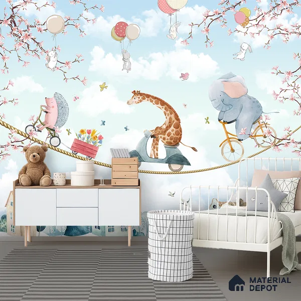A Quiet Day Above the Town Cute Animal Circus Show | WP 04042 Canvas Texture Finish Animal Print Style luxurious Customized size Wallpaper | 250 GSM WP01CNF Paper | (MOQ = 30 Sq. Ft.) | Design change not possible