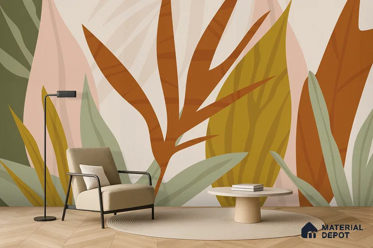 Warm Earth Leaves Wild Pattern | WP 04145 Canvas Texture Finish Tropical Style luxurious Customized size Wallpaper | 250 GSM WP01CNF Paper | (MOQ = 30 Sq. Ft.)