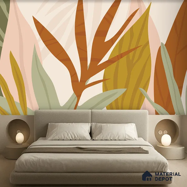 Warm Earth Leaves Wild Pattern | WP 04145 B Non Woven Matte Finish Tropical Style Premium Customized size Wallpaper | 150 GSM WP01MTF Paper | (MOQ = 30 Sq. Ft.)