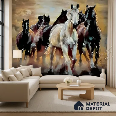 Freedom Has a Sound Horses Running At Dusk | WP 04106 B Canvas Texture Finish Indian Style luxurious Customized size Wallpaper | 250 GSM WP01CNF Paper | (MOQ = 30 Sq. Ft.)