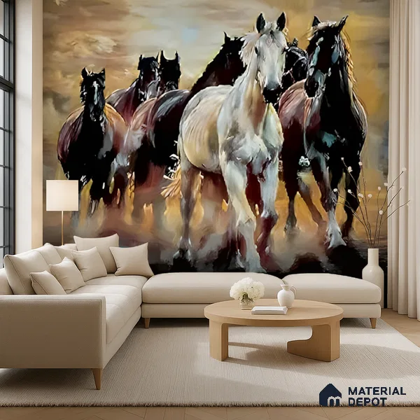Freedom Has a Sound Horses Running At Dusk | WP 04106 B Canvas Texture Finish Indian Style luxurious Customized size Wallpaper | 250 GSM WP01CNF Paper | (MOQ = 30 Sq. Ft.)
