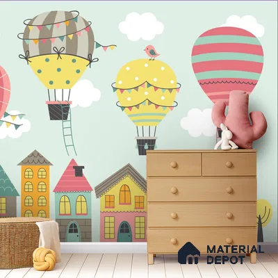 Floating Joy Street Hot Air Balloon Over The House | WP 04084 Canvas Texture Finish Abstract Style luxurious Customized size Wallpaper | 250 GSM WP01CNF Paper | (MOQ = 30 Sq. Ft.)