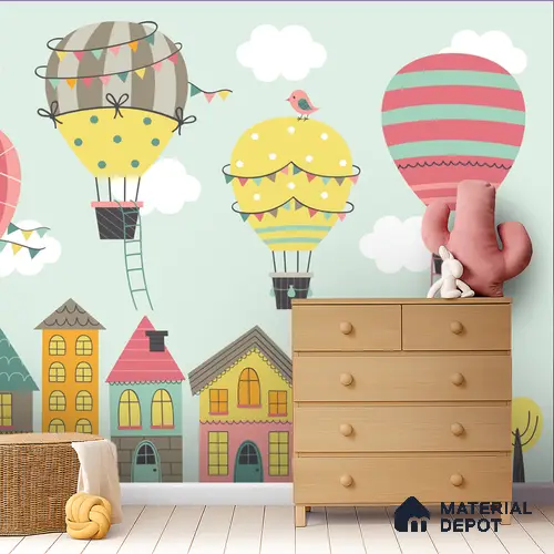 Floating Joy Street Hot Air Balloon Over The House | WP 04084 B Non Woven Matte Finish Abstract Style Premium Customized size Wallpaper | 150 GSM WP01MTF Paper | (MOQ = 30 Sq. Ft.)