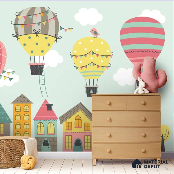 Floating Joy Street Hot Air Balloon Over The House | WP 04084 Canvas Texture Finish Abstract Style luxurious Customized size Wallpaper | 250 GSM WP01CNF Paper | (MOQ = 30 Sq. Ft.)