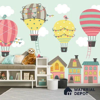 Floating Joy Street Hot Air Balloon Over The House | WP 04084 Canvas Texture Finish Abstract Style luxurious Customized size Wallpaper | 250 GSM WP01CNF Paper | (MOQ = 30 Sq. Ft.)