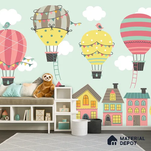 WP 04084 B | Floating Joy Street Hot Air | Multicolour Pastel Balloon Town Kids Look Wallpaper Non Woven Matte Finish (Customised Size) | (MOQ = 30 Sq. Ft.)