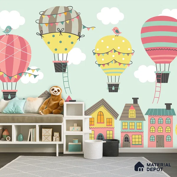 Floating Joy Street Hot Air Balloon Over The House | WP 04084 Canvas Texture Finish Abstract Style luxurious Customized size Wallpaper | 250 GSM WP01CNF Paper | (MOQ = 30 Sq. Ft.)